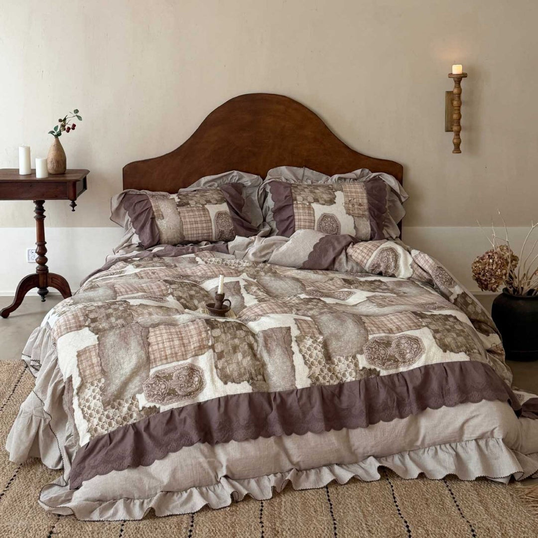 Romantic cotton satin bedding set with floral stripe pattern, ruffle, and decorative pillowcases