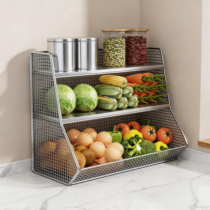 Triple-Tier Metal Mesh Countertop Produce and Pantry Organizer