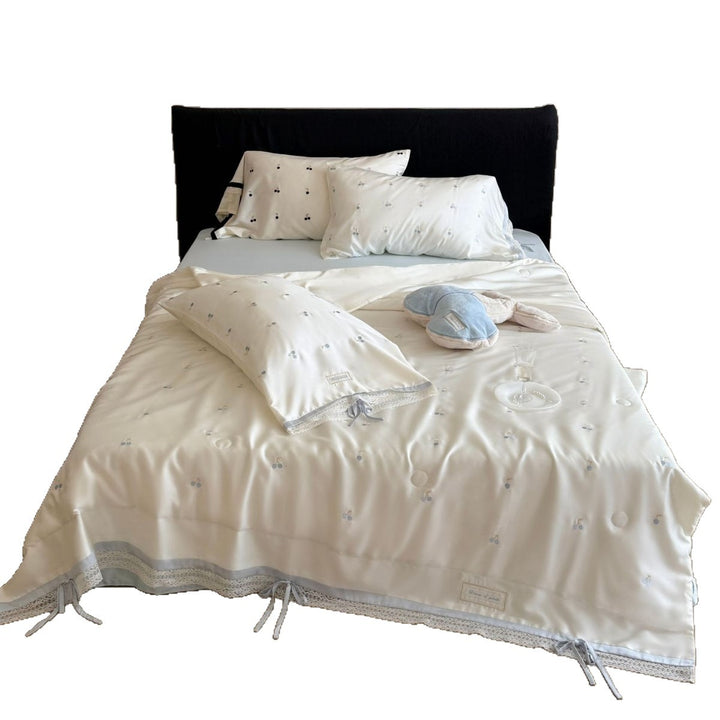 Luxurious cotton satin bedding set with cherry print, lace trim and frill