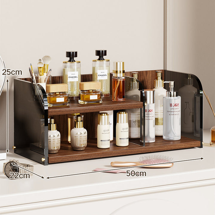 Two-Tier Countertop Beauty and Skincare Organizer with Adjustable Middle Shelf and Vertical Wire Panels