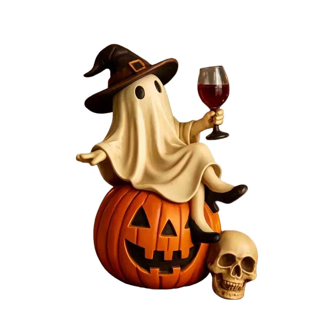 Whimsical Ghost Figurine with Pumpkin Base Kalsten
