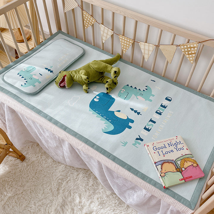 Padded baby crib mattress with good night print, non-slip bottom and wipeable cover