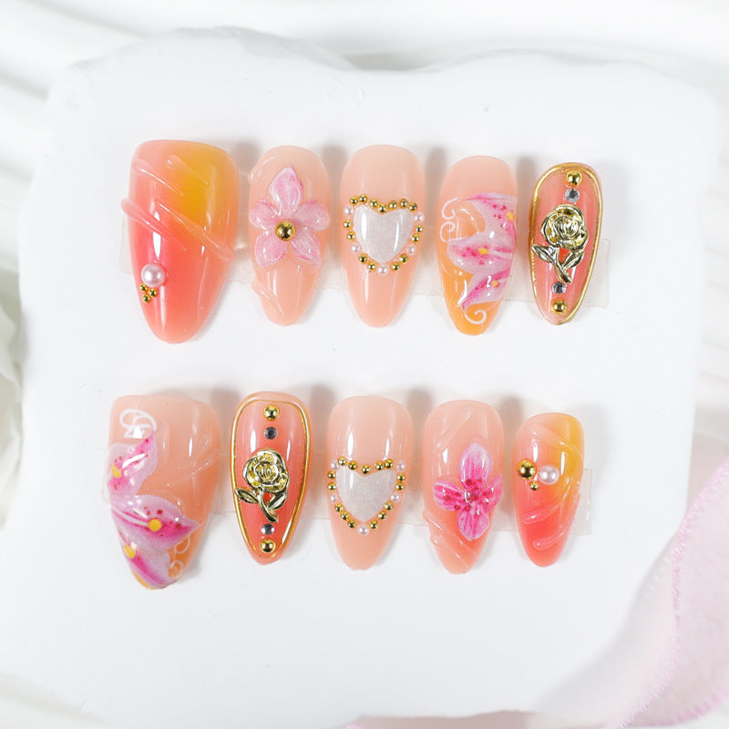 Artificial nail set with elegant floral decorations and glitter details Kalsten