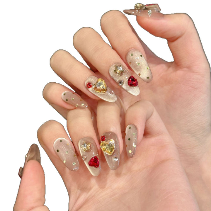 Artistic Press-On Nail Set with Glamorous Gem Accents