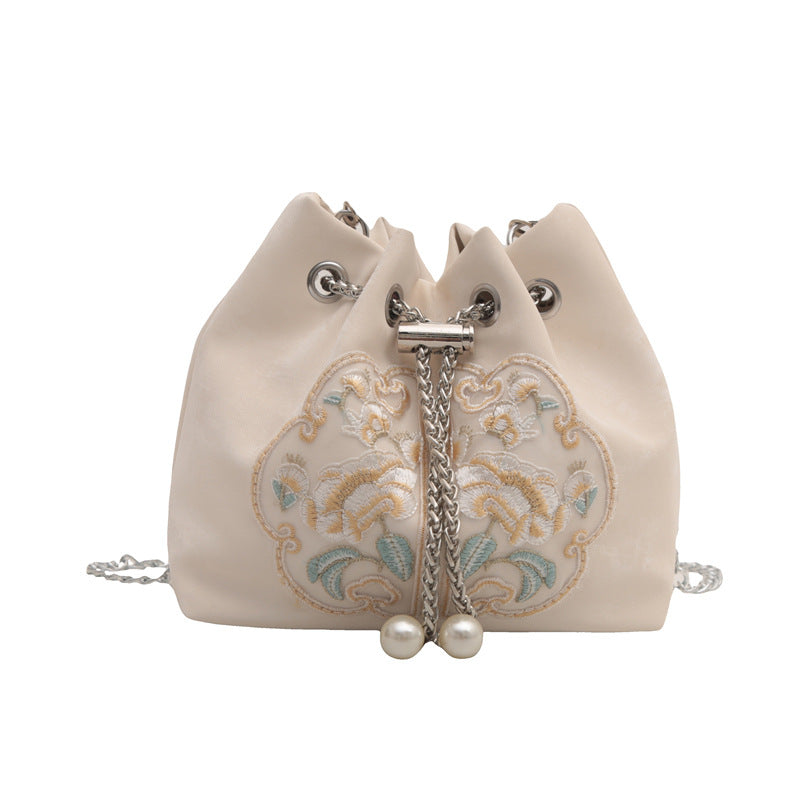 Embroidered Velvet Drawstring Handbag