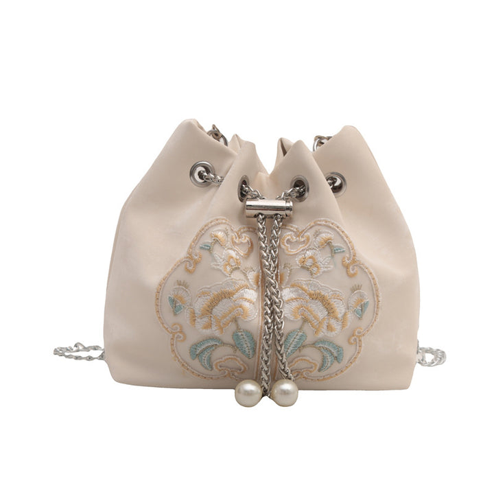 Embroidered Velvet Drawstring Handbag