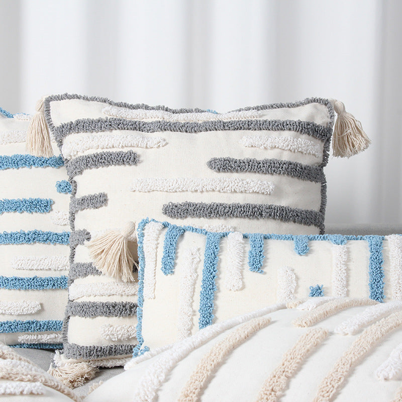 Textured Loop-Embroidered Square Throw Pillow with Corner Tassels and Removable Cover