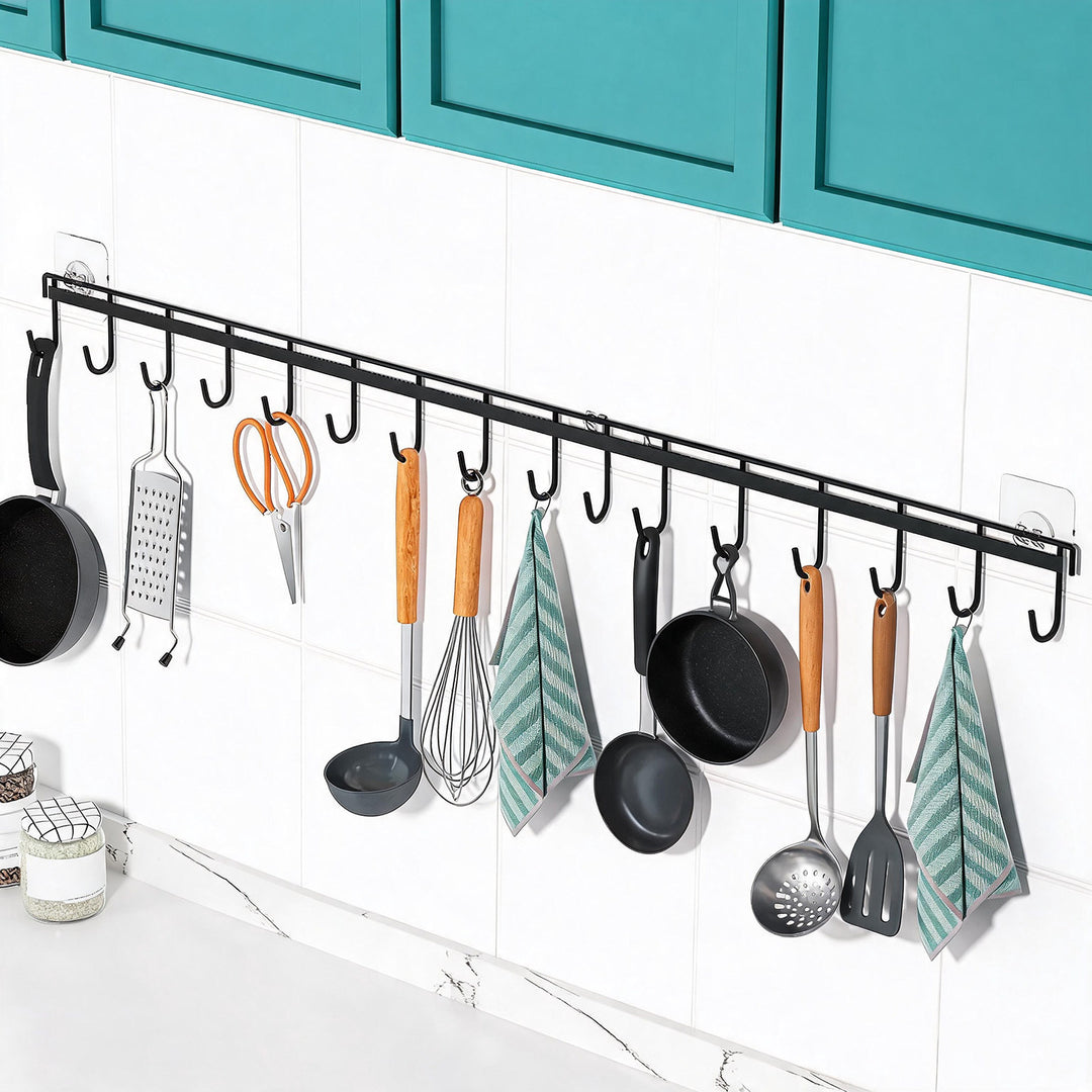 Wall-Mounted Multi-Hook Kitchen Utensil and Pan Hanger Rack