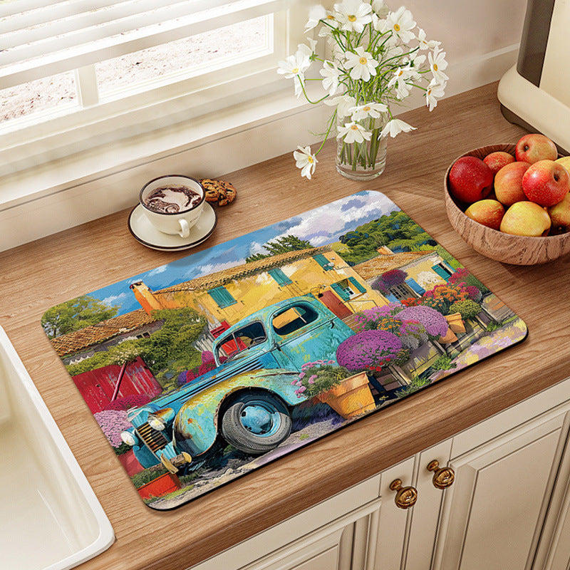 Artistic Vintage-Themed Kitchen Mat
