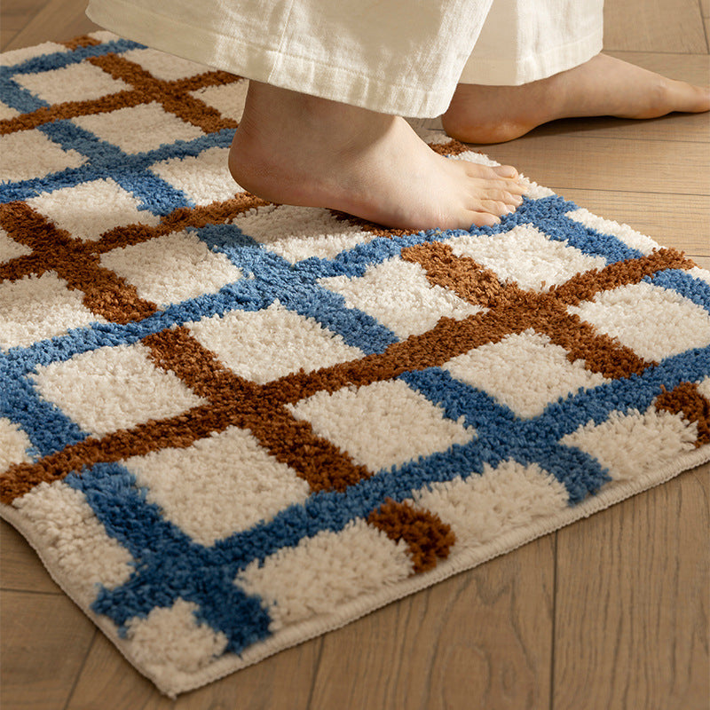 tufted bath mat with checked retro pattern and anti-slip back