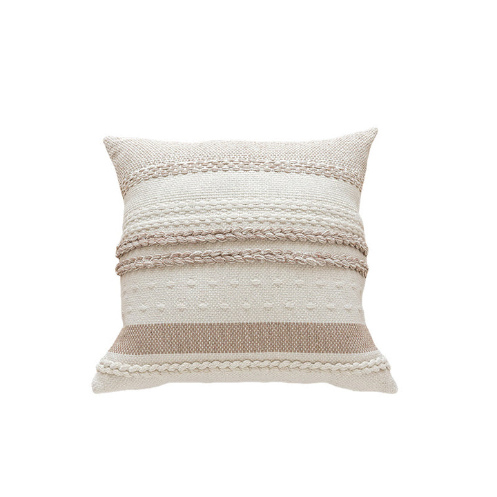 Woven Cotton Textured Lumbar Throw Pillow Cover with Braided Stripe Embellishments