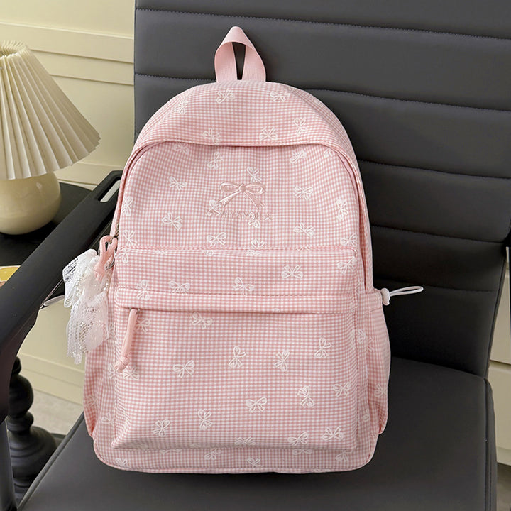 Charming Bow-Embellished Gingham Patterned Backpack Kalsten