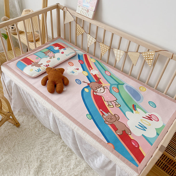 Padded baby crib mattress with good night print, non-slip bottom and wipeable cover