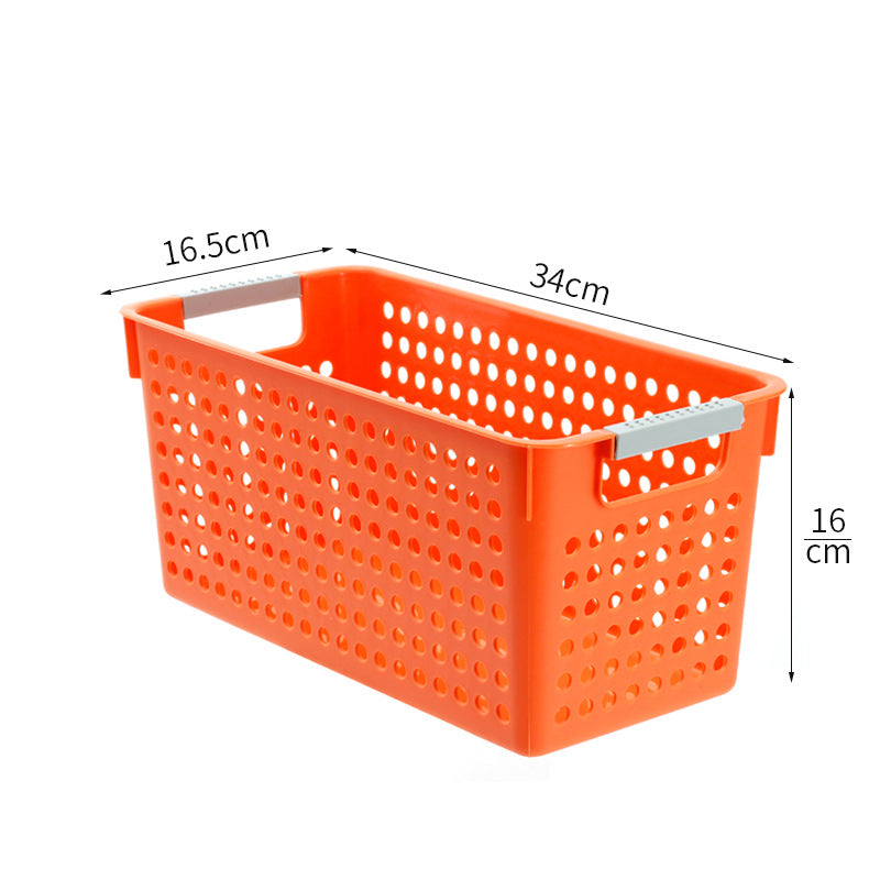 Flat plastic storage box with perforated side wall and grip recesses