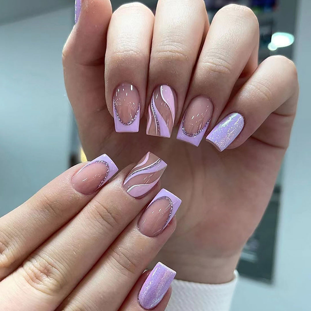 Artistic Press-On Nail Set with Glitter and Abstract Design