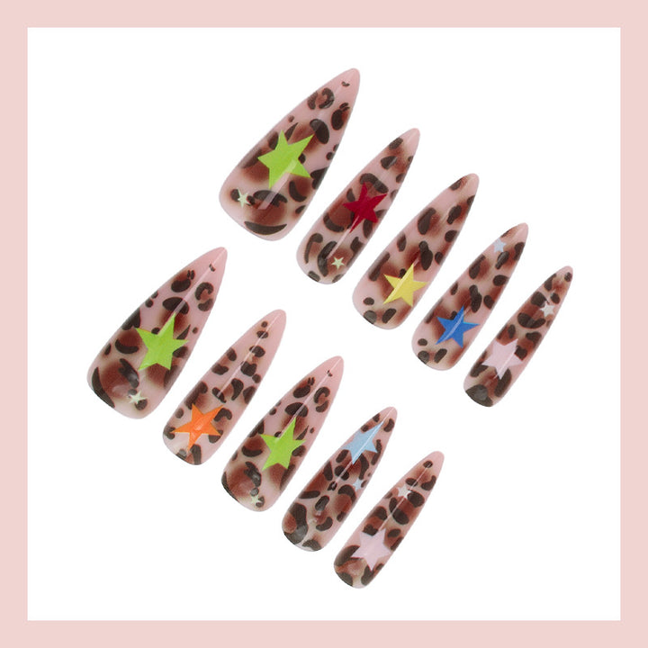 Acrylic nail set with animal pattern and colorful star accents Kalsten