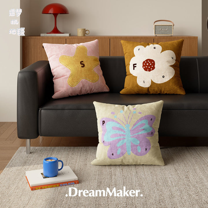 Decorative Square Throw Pillow Cover with Ribbed Texture and Large Floral Appliqué