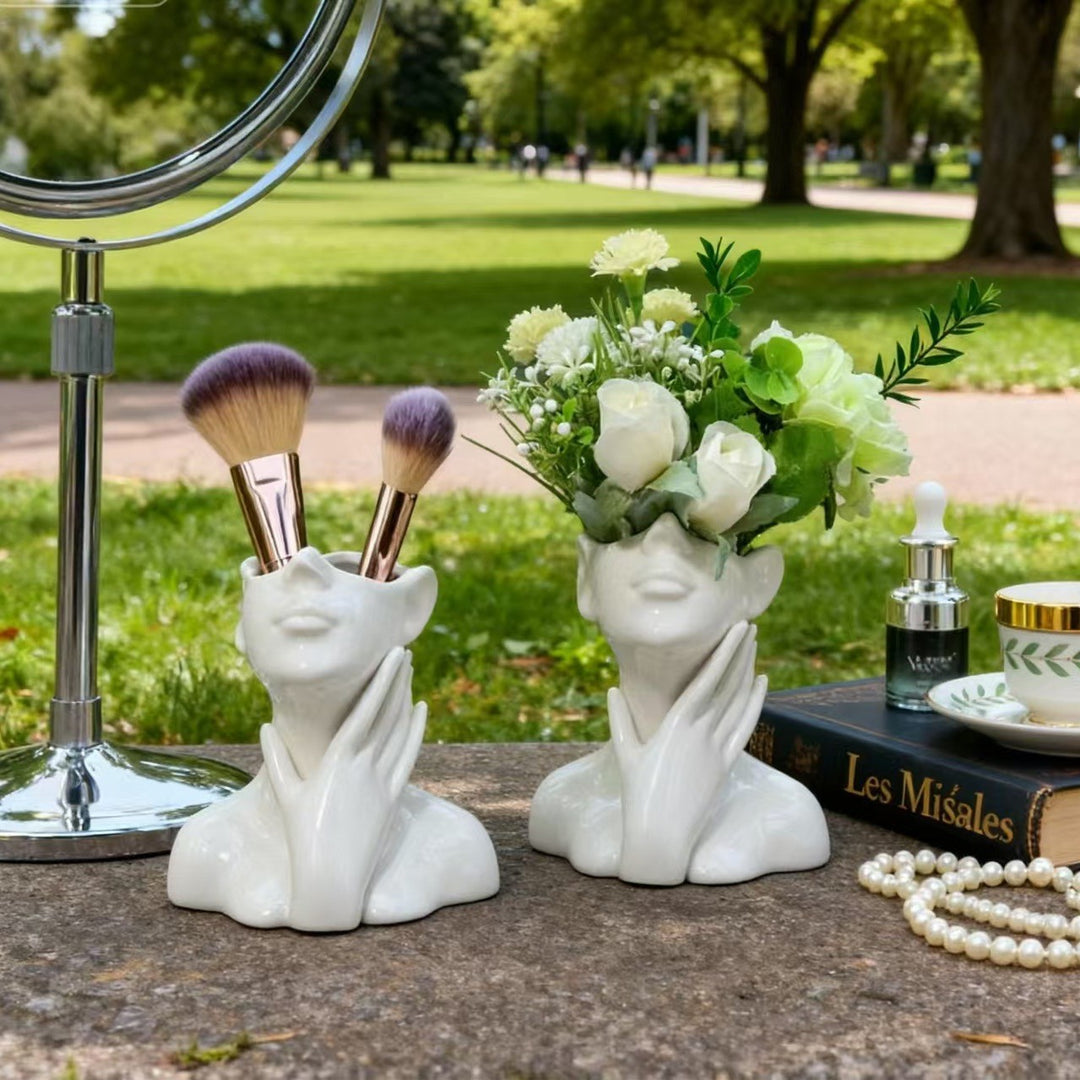 Sculptural Ceramic Face Vase And Makeup Brush Holder Set
