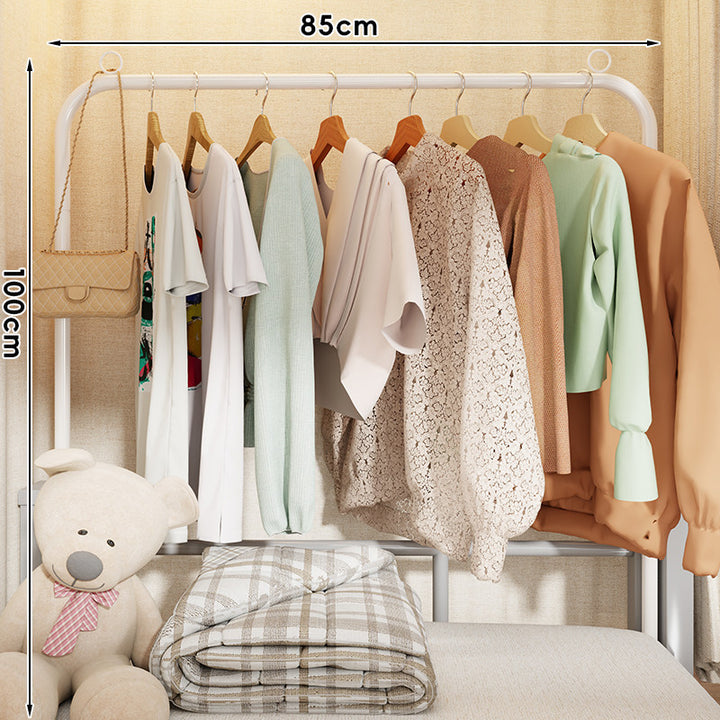 Compact Single-Rod Freestanding Clothing Rack with Lower Shelf and Decorative Top Rings
