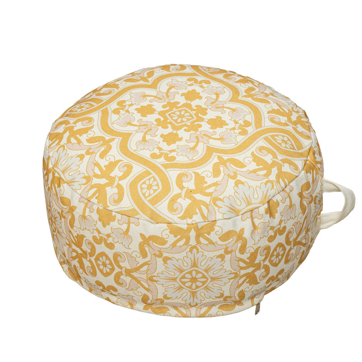 Beef floor seat pouf with handle and patterned canvas cover