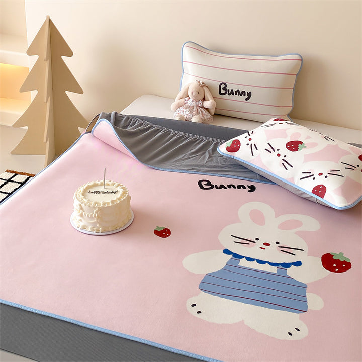 Children's mattress topper and fitted sheet set with non-slip corner fasteners and cute dog design