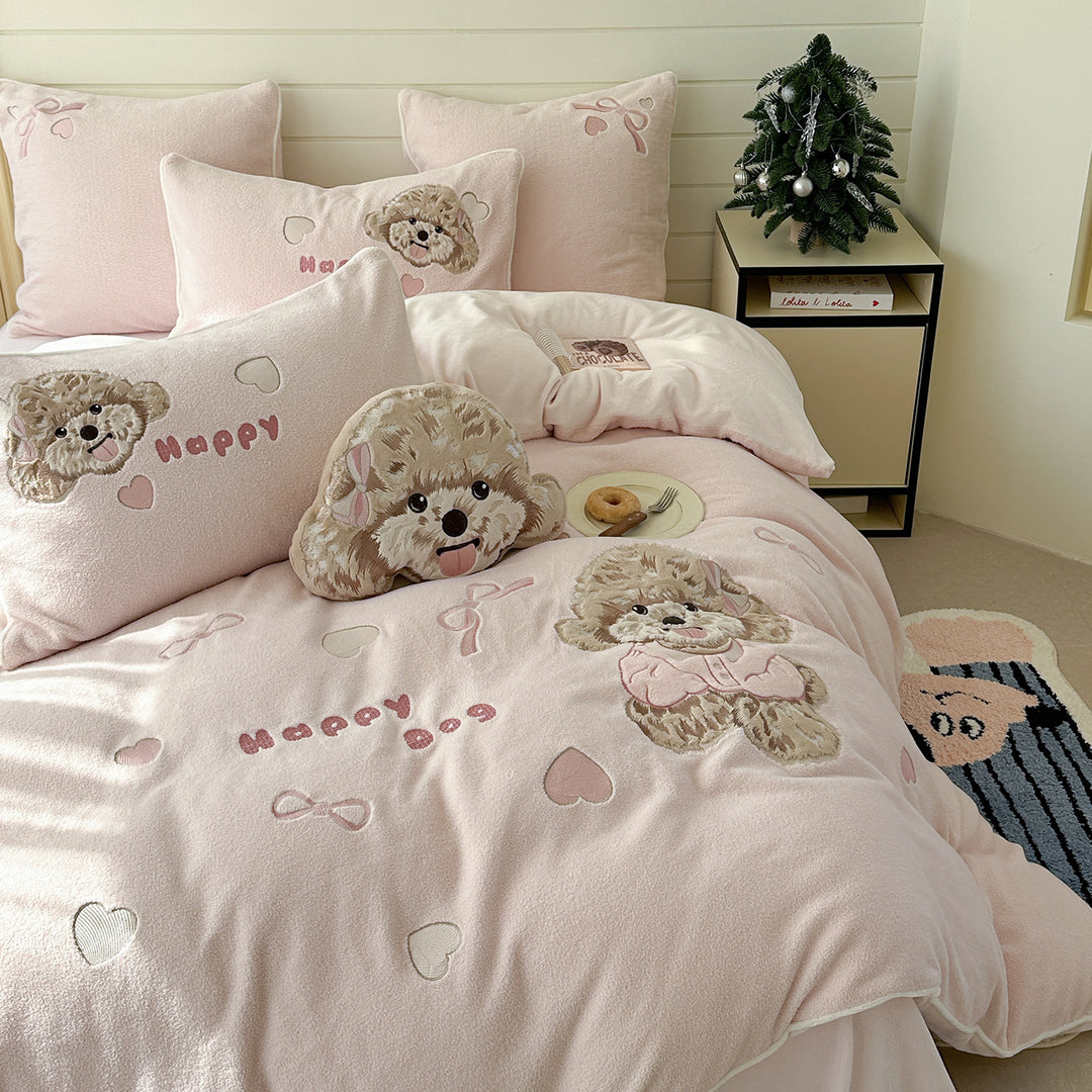 Cozy bedding set with plush surface and embroidered puppy design