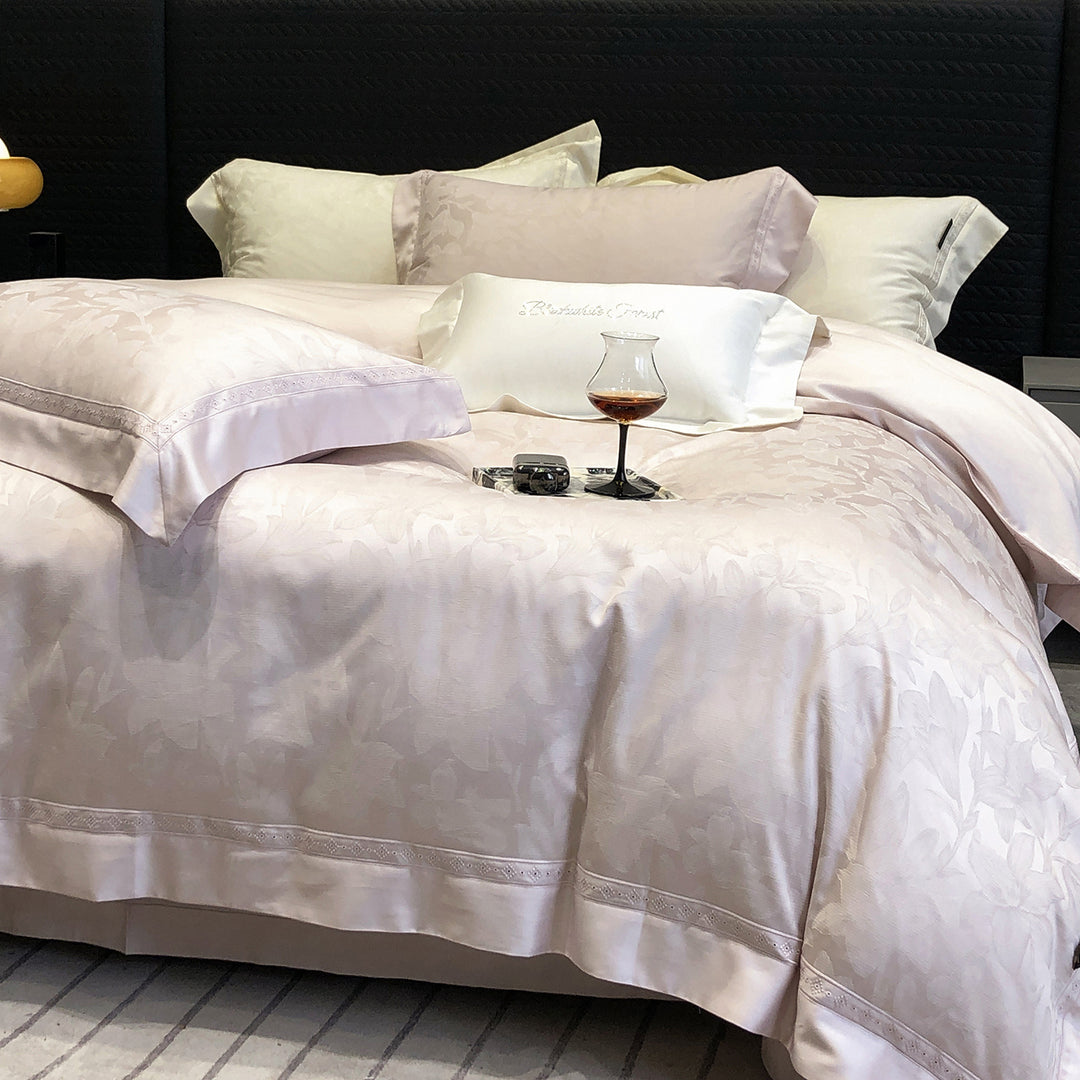Premium cotton satin bedding set with structured matelassé border and hotel closure