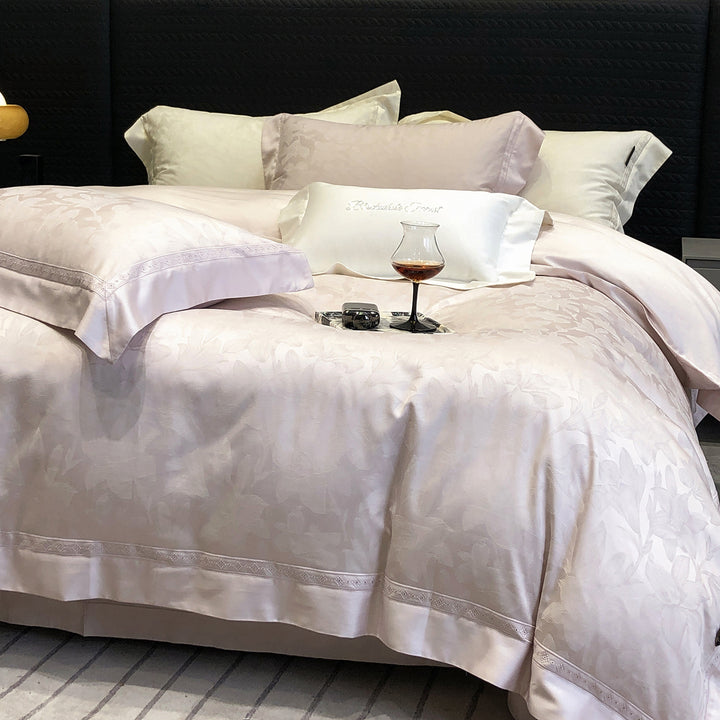 Premium cotton satin bedding set with structured matelassé border and hotel closure