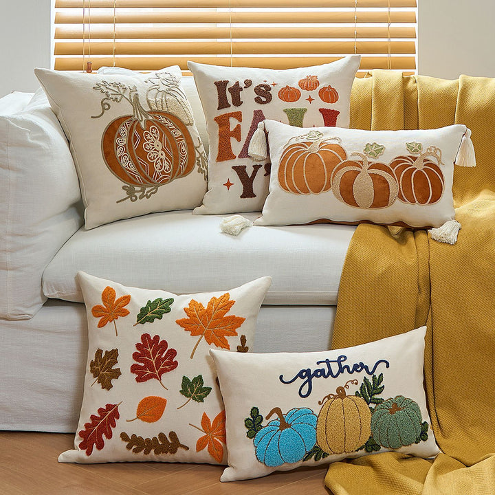 Embroidered Autumn Pumpkin Velvet Accent Pillow Cover