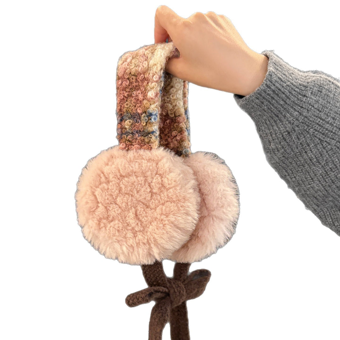Plush Curly Faux-Fur Round Earmuffs with Patterned Knit Tie Headband Kalsten