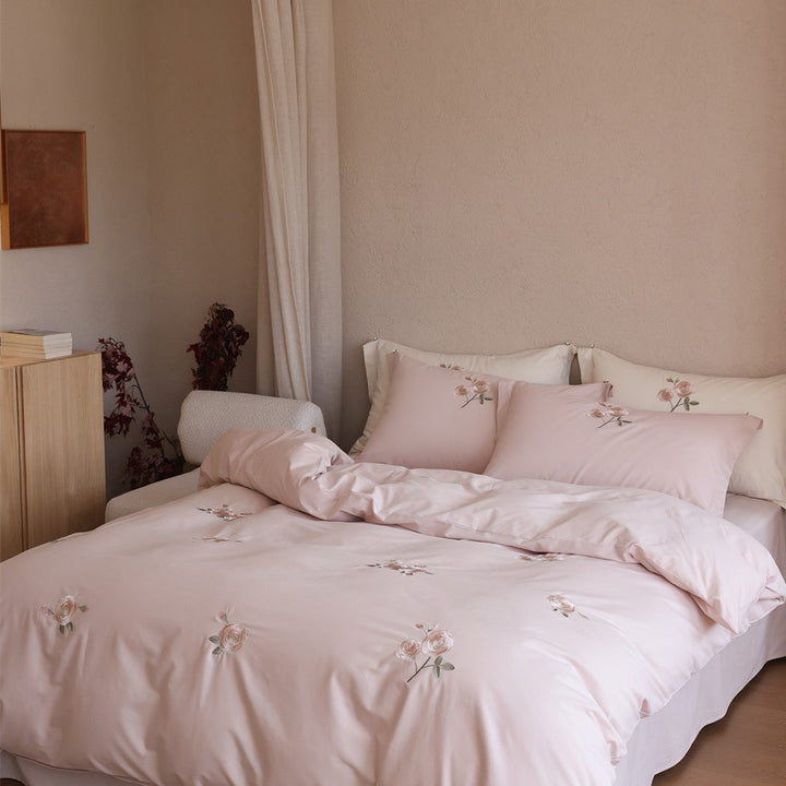 Elegant cotton satin bed cover set with rose embroidery and reversible look