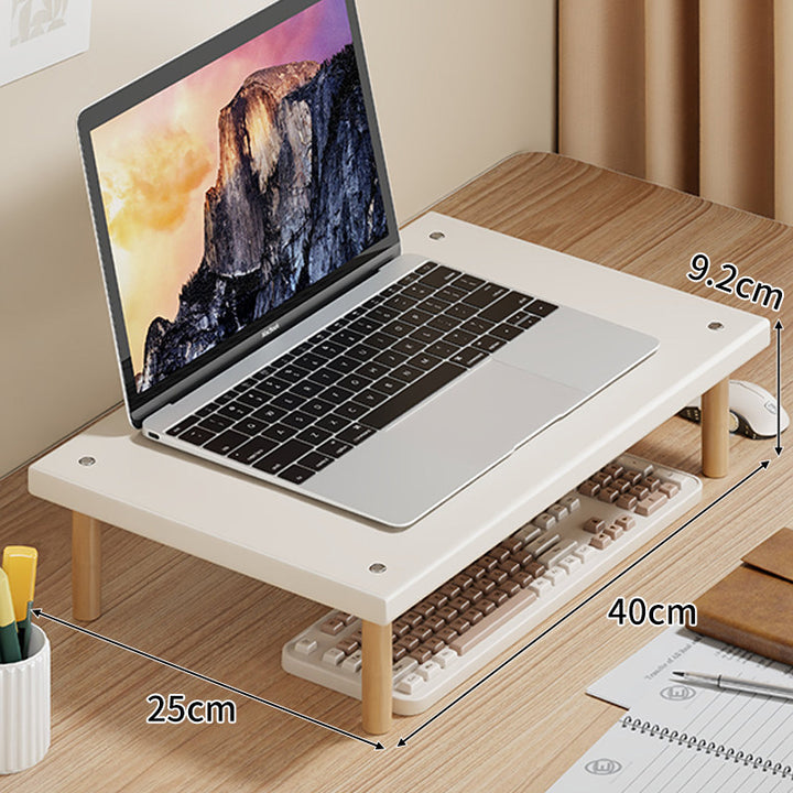 Compact Desktop Laptop and Monitor Riser with Under-Keyboard Storage and Wood Legs
