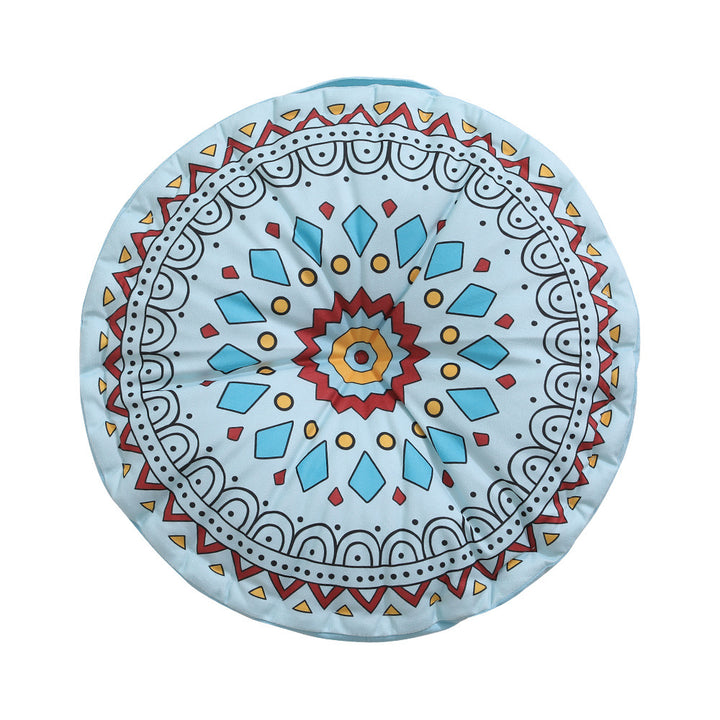 Round floor cushion with medal print, carrying handle and quilted padding