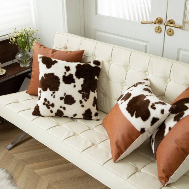 Decorative Throw Pillow with Faux Cowhide Fur Panel and Vegan Leather Accent