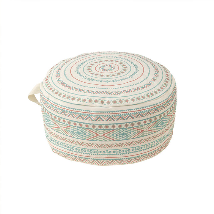 Round floor pouf with ethnic weaving pattern and practical carrying handle Kalsten