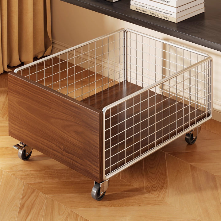 Mobile Wire Mesh Storage Crate with Walnut-Style Wooden Side and Locking Swivel Wheels