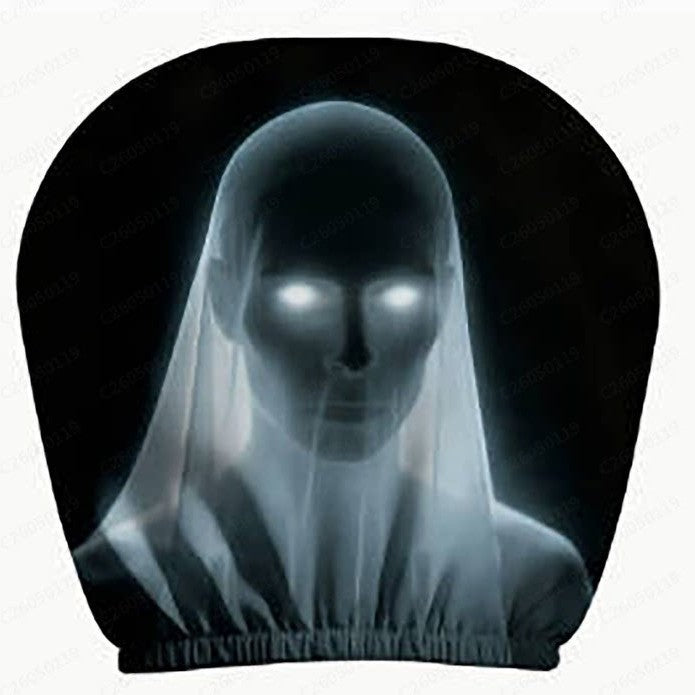 Car headrest cover with retro horror motif