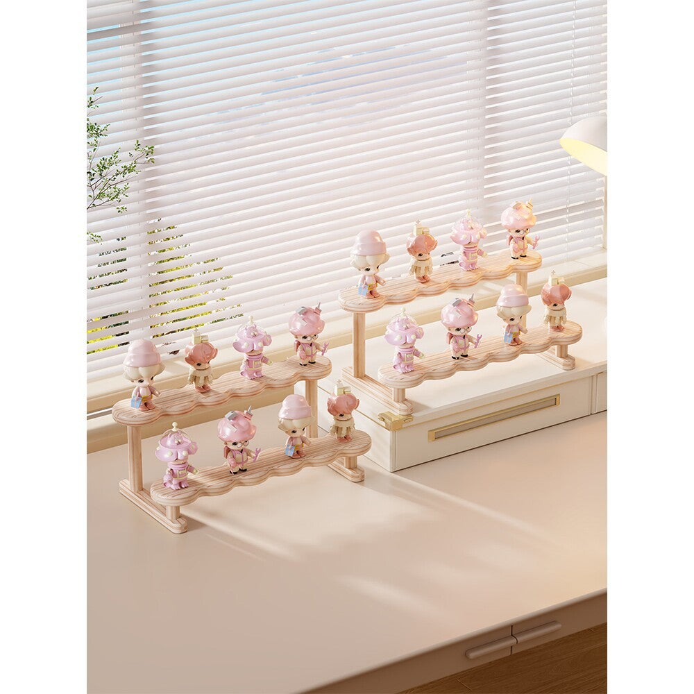 Two-Tier Wavy Wooden Display Stand for Mini Figures and Collectibles