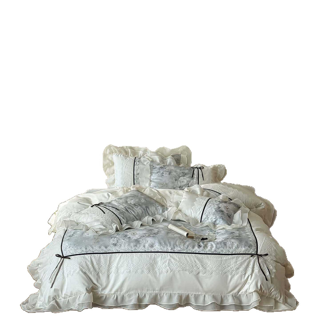 luxurious romantic bedding set with lace trim and ruffles