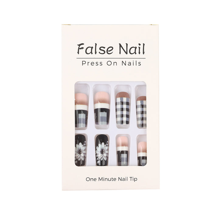 Creative artificial nails with stylish checkered patterns and floral design Kalsten