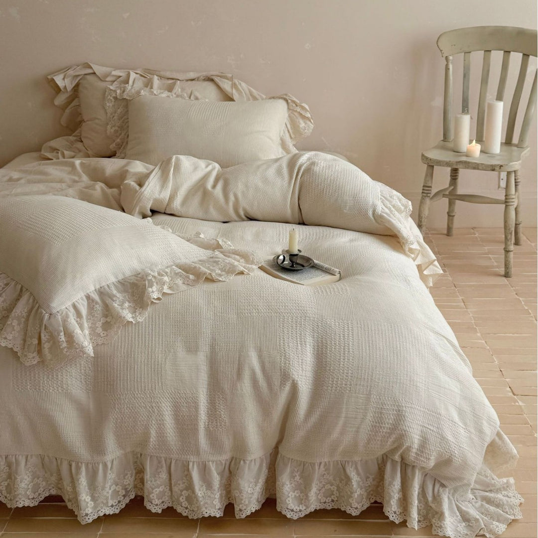 Cotton waffle bedding with floral lace ruffle and wavy hem