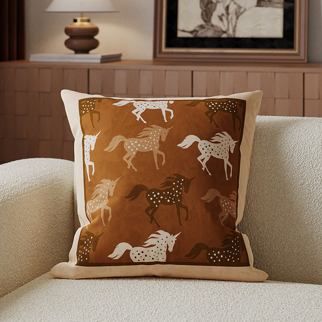 Decorative Velvet-Front Throw Pillow Cover with Unicorn Motif and Contrast Piped Edge