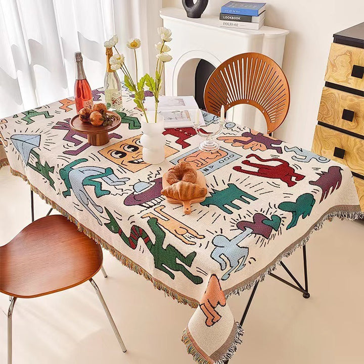 Round Textured Waffle-Weave Fringe Tablecloth with Tassel Edge