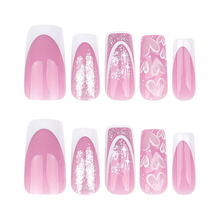 Artful Nail Extensions with Modern Glitter Design and Heart Accents Kalsten