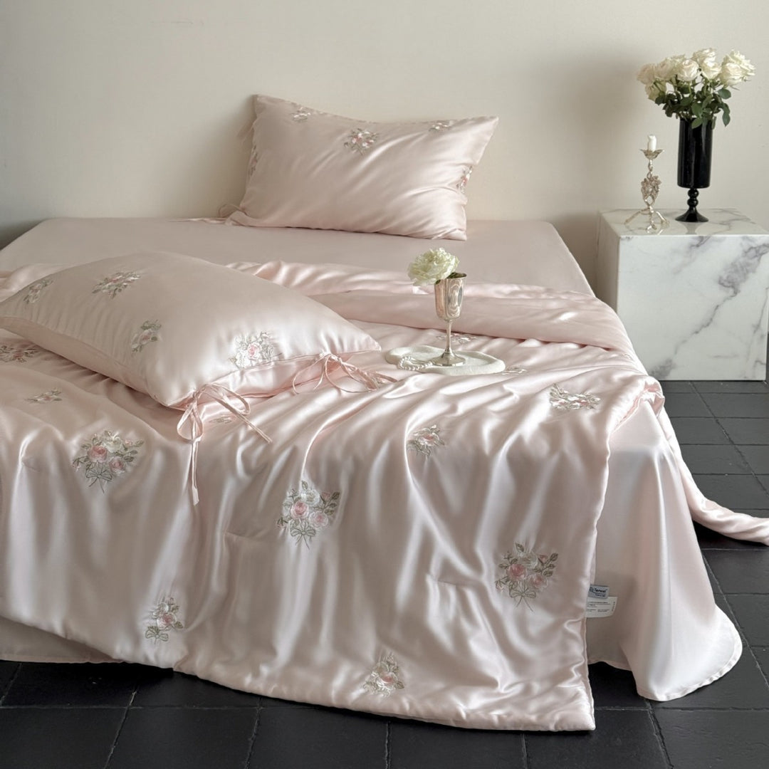 Luxurious Embroidered Satin Bedding Set with Rose Pattern and Ribbon Pillow