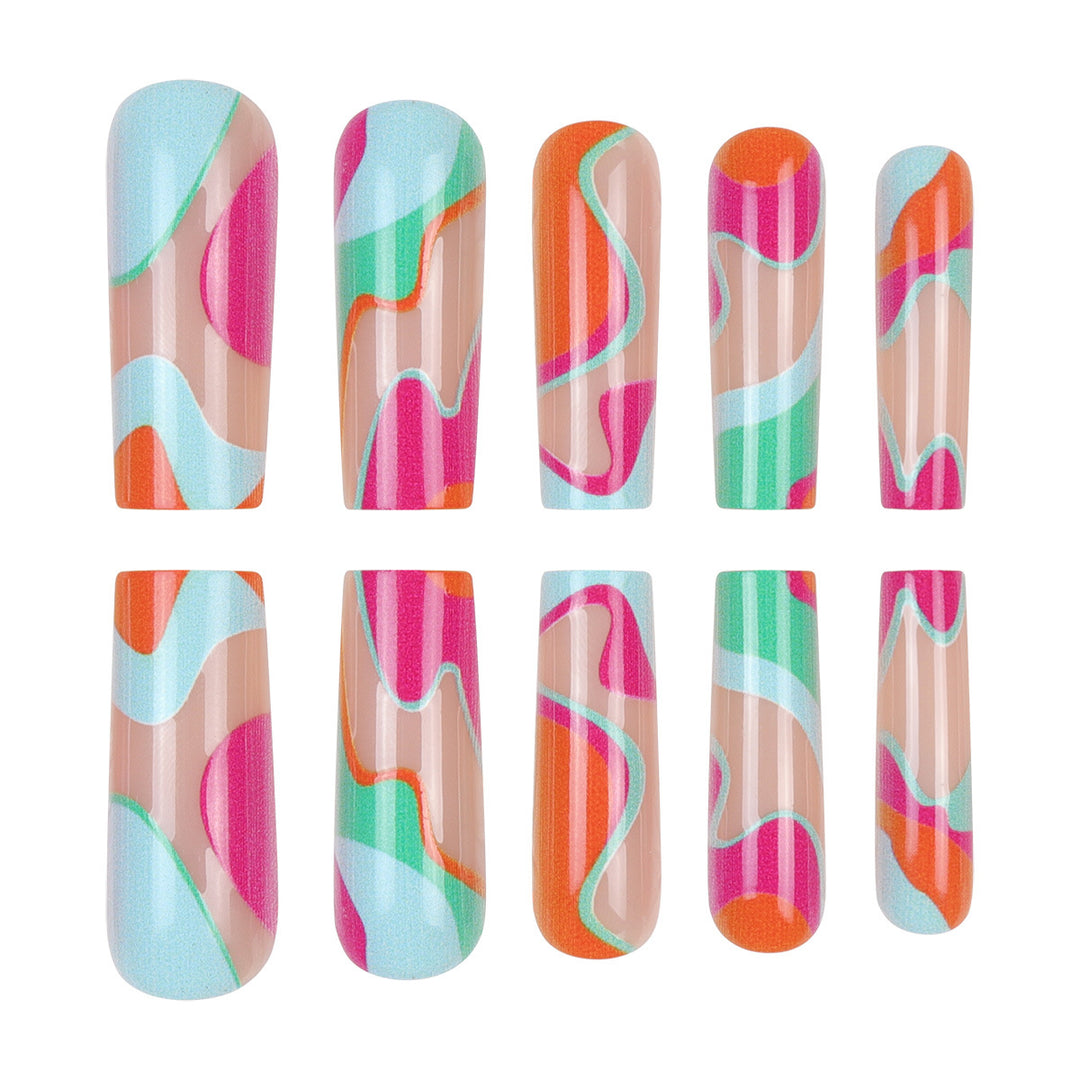 Artistic Long Press-On Nails with Colorful Abstract Design Kalsten