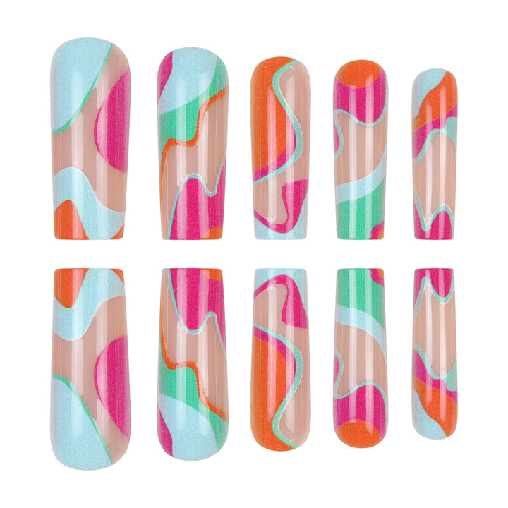 Artistic Long Press-On Nails with Colorful Abstract Design Kalsten