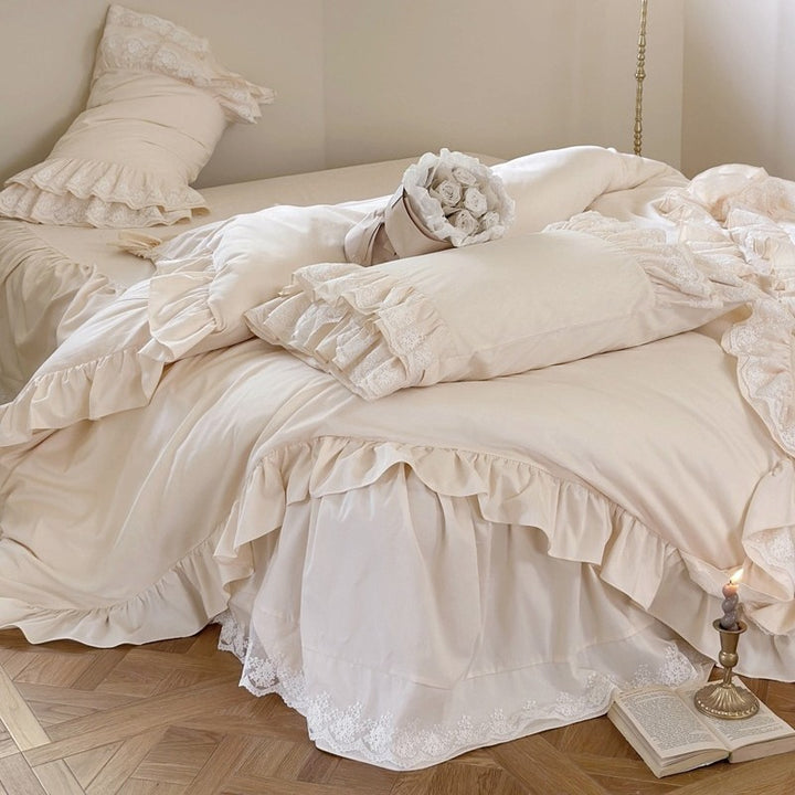 Vintage-inspired bedding set with ruffle trim and lace detailing