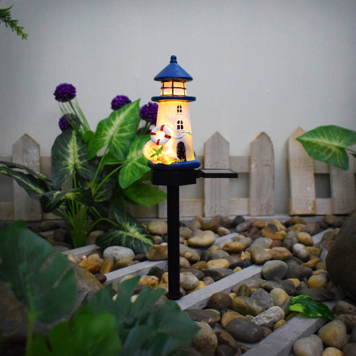 Resin Lighthouse LED Garden Stake Lamp With Integrated Solar Panel And Lifebuoy Ornament Kalsten