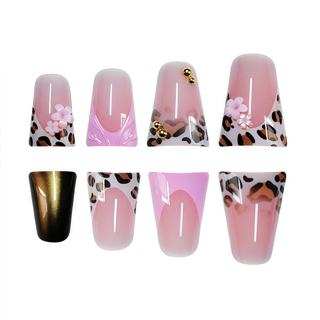 Decorative Press-On Nail Art with Floral and Leopard Accents Kalsten